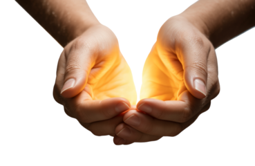 Hands cupped together holding a bright glowing light, symbolizing protection and hope isolated on transparent background