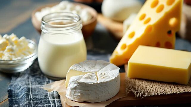 Top view of a glass jar of milk and several pieces of cheese, butter, a glass bowl of pasteurized cream, while curds on nearby on the table at kitchen on background