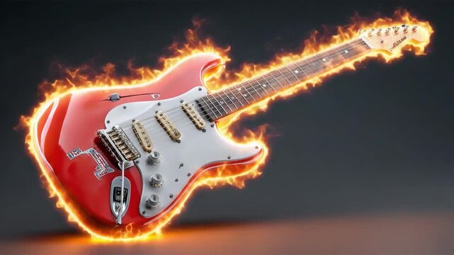 Burning Guitar: Fiery, red electric guitar, engulfed in flames, evoking passion and energy of rock music.