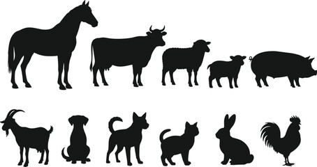Farm animals silhouette collection illustration, domestic livestock and pets set isolated on white background