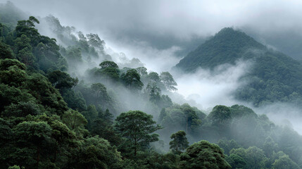 Carbon dioxide absorption concept ,Misty rainforest with dense trees and fog creating serene atmosphere