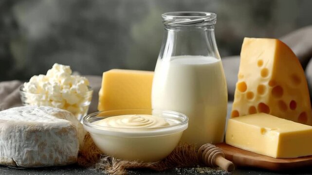 Top view of a glass jar of milk and several pieces of cheese, butter, a glass bowl of pasteurized cream, while curds on nearby on the table at kitchen on background