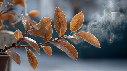 Transpiration and Biology concept ,Frost covered leaves exhaling steam in chilly morning air, creating serene and tranquil scene