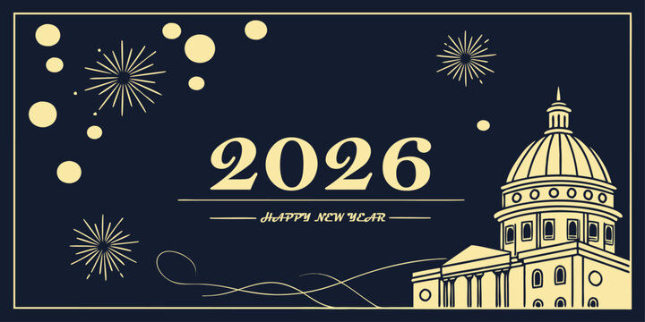 Happy New Year 2026 Elegant Vector Illustration with Fireworks and Classical Architecture