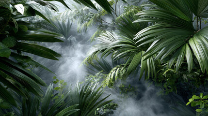Naklejka premium Oxygen and Production concept ,Lush green tropical jungle with misty atmosphere and dense foliage