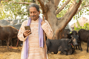 Senior indian dairy farmer using smart phone. Cattle farming business. Cow animal. Digital india....