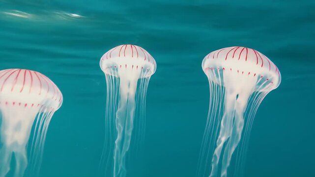Underwater Footage Of Three Jellyfish Floating In Turquoise Water