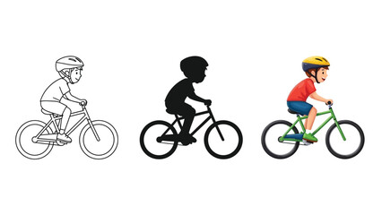 Obraz premium Set of three illustrations of a boy riding a bicycle line art, silhouette and full color version