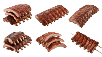 A collection of deliciously grilled barbecue pork ribs presented in various arrangements.
