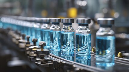 Vials containing blue liquid moving along a pharmaceutical production line, symbolizing medicine manufacturing, vaccine development, and drug distribution processes