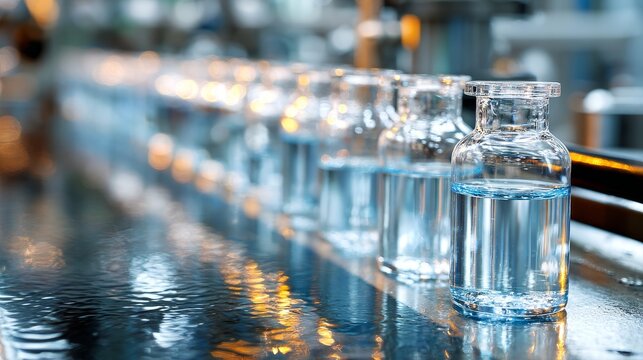 Vials moving along a production line in pharmaceutical manufacturing, showcasing the automated process of filling and packaging medicine in a sterile laboratory environment