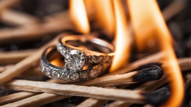 Two wedding diamond ring placed on top of several matches that have been set alight, with the flames creating dynamic patterns around it