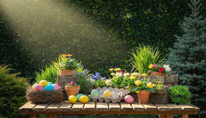 Fototapeta premium Sunny Easter Garden Table Setting with Potted Flowers and Colorful Eggs