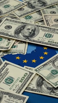 US Dollars Scatter Over EU Map With Stars