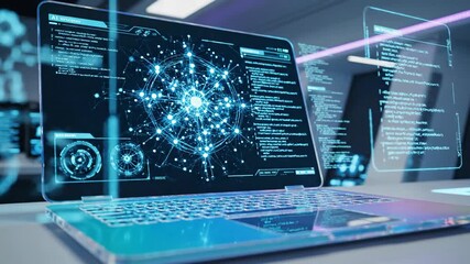 Futuristic laptop displaying a glowing network visualization with data code overlay in a tech environment - Powered by Adobe