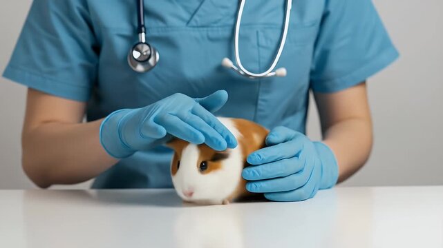 Veterinarian Examining Guinea Pig in Blue Scrubs and Gloves