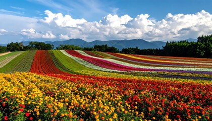 Colorful fields in rows under a cloudy blue sky and distant mountains