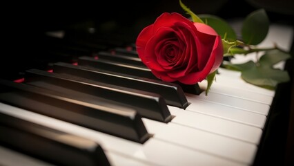 Red Rose Resting on Piano Keys Romantic Music Concept.