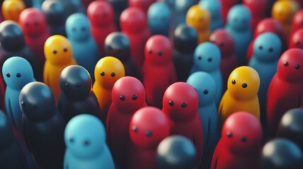 A vibrant assembly of colorful figures stands together creating a striking visual effect. Their playful forms evoke a sense of community and connection. Generative AI