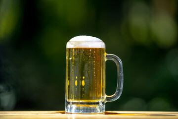 Lager beer with foam in glass mug. Beer splash on nature background. Pouring amber ale in nature.
