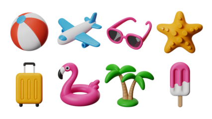 A collection of 3d rendered icons representing summer vacation and tropical travel essentials on a transparent background