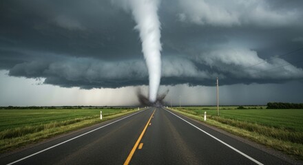 Powerful tornado descends on a lonely highway under dark storm clouds