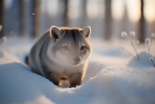 Gray Tanuki crouching in snow covered forest at sunrise