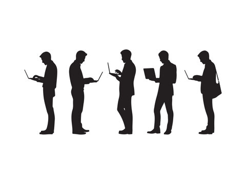 Silhouettes of diverse business people standing with laptop, men, full length using computer. Man with laptop silhouette.