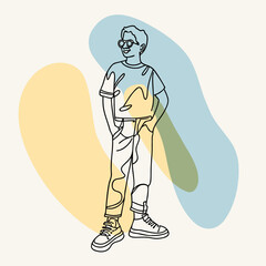 Young man standing with hands in pockets illustration