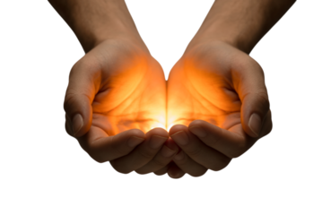 A pair of hands cupping a brilliant orange glow against a transparent background