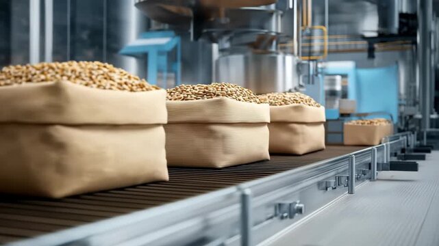 Automated oatmeal packaging line, Cereal bags on a conveyor belt, in a factory production line setting, ready for distribution, packaging