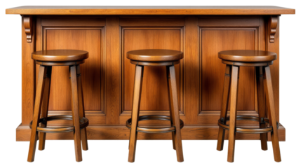Three wooden bar stools positioned in front of a polished wooden bar