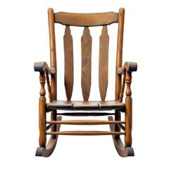 Antique wooden rocking chair with carved details and a distressed finish isolated on white background