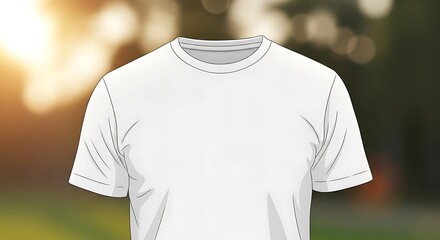 Clean white t-shirt mockup ready for custom design or branding, set against a softly blurred natural outdoor background with gentle sunlight