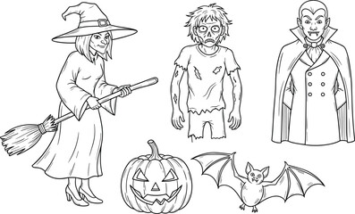 Black and White Line Art Illustration Featuring Witch, Zombie, Vampire, Jack-o'-Lantern Pumpkin, and Flying Bat Figures for Design