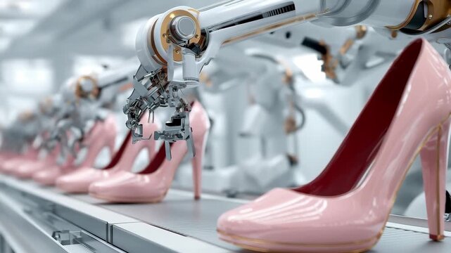Modern high heels shoe manufacturing factory, high heels shoe on production line assembling with robotic arms assemble high-tech, in professional factory