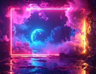 Fototapeta premium Surreal neon-lit dreamscape with a vibrant frame and celestial orb