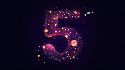 Digit "5" composed of cosmic elements.  Stars, planets, and nebulae form the shape of the number five against a dark background