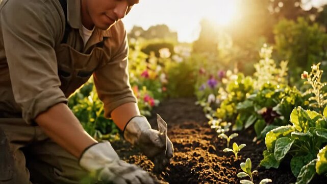 Gardener sowing seeds into freshly turned soil under warm sunlight. Early growth evident