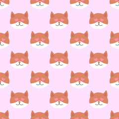 Seamless Pattern. Valentine day Red Cat head with eyes heart shape. Vector flat illustration.