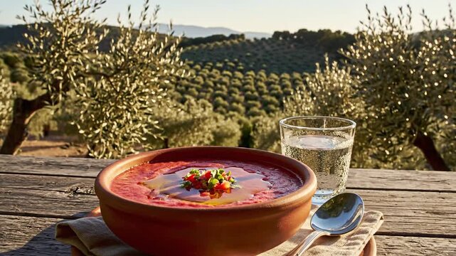 Gazpacho Soup with Water with Olive Grove View.