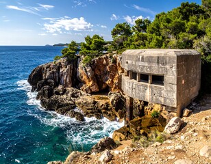 Concrete bunker perched on rocky cliffs, ocean view, sunny day