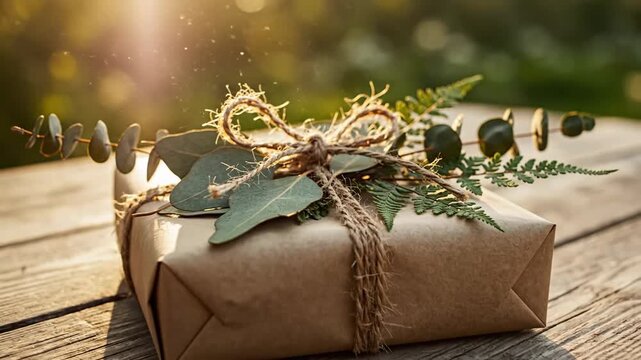 Gift box wrapped in brown paper, adorned with greenery and twine, lit by sunlight