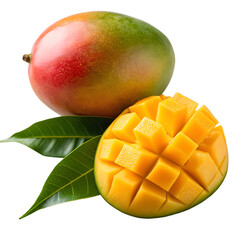 Ripe whole mango with a cut half showing juicy cubes against a black background