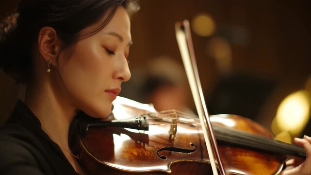 女性がビオラで合奏の中声部を奏でる、音楽に集中する横顔