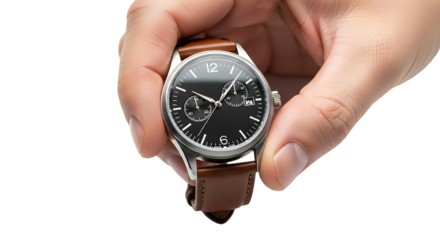 Person holding classic brown strap watch