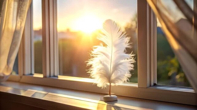 White Feather in Window with Sunset Sunlight