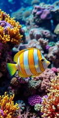 Obraz premium Vibrant yellow and white striped fish swimming amidst colorful coral reef, HD, wildlife