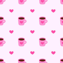 Seamless Pattern with pink cup and heart. Valentine day drink. Vector flat illustration.