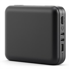 Black power bank with multiple USB ports and charging indicators isolated on white background
